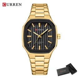 Luxury Square Quartz Watch with Classic Stripe Dial and Stainless Steel Band (Gold black box)