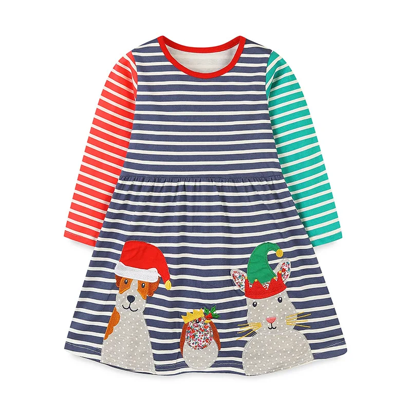 Girls Dress Christmas Animals Dogs Rabbit Kids Long Sleeves Dress Cotton Girl Clothes Winter Children's Clothing