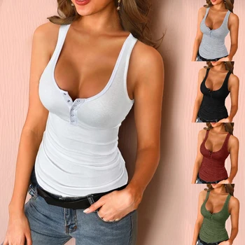 Summer Sleeveless Vest Basic Camisole T Shirt Women Fashion Solid Color Round Neck Camisole Bottoming Shirt Tops 1