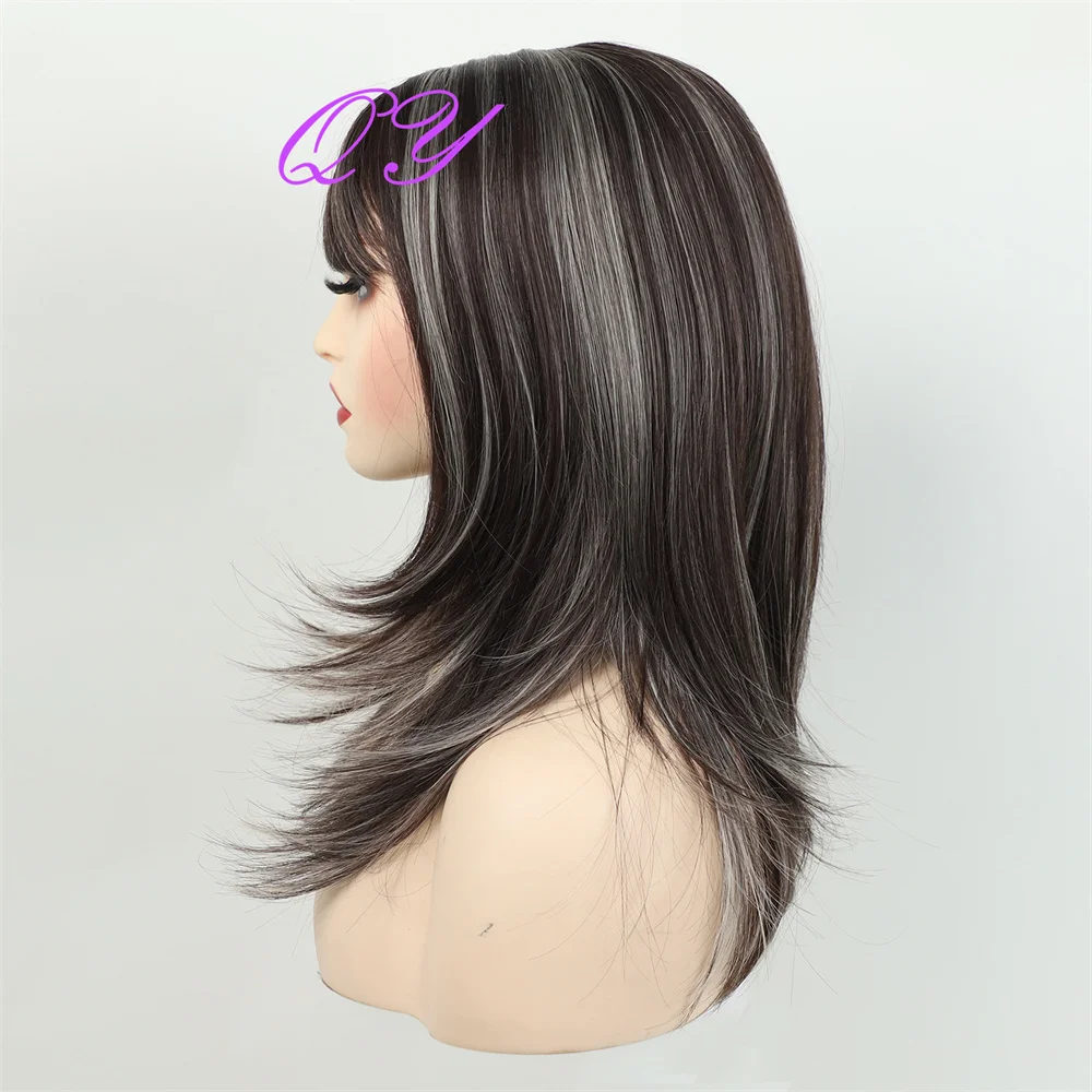 Synthetic Wig for Women Dark Brown Mix Blonde Straight Wig Medium Length With Bangs Women's Side Part High Quality Hair Wig