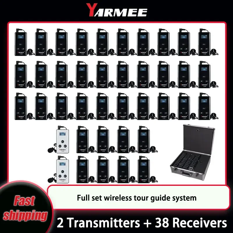 YARMEE 무선 투어 가이드 시스템 풀 세트, 송신기 2 개, 수신기 38 개, 충전 케이스 포함, 여행용 마이크 이어폰