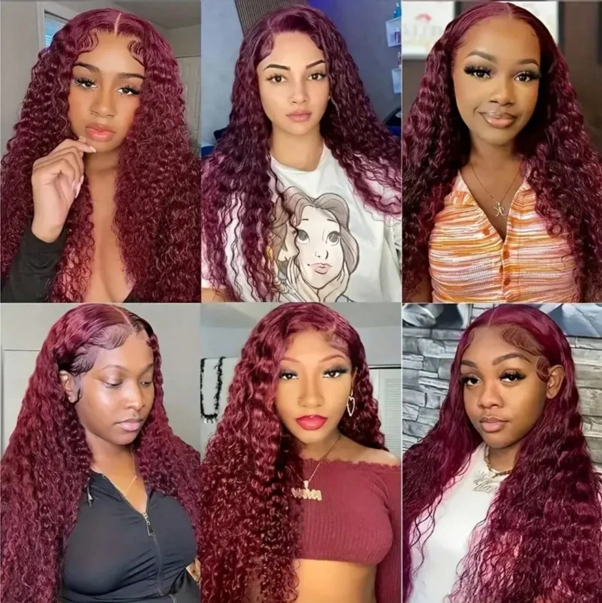 34 Inch Burgundy 99j Deep Wave Frontal Wig Colored Curly Human Hair Wigs 200 180 Density 13x4 Hd Lace Frontal Human Hair Wigs 6