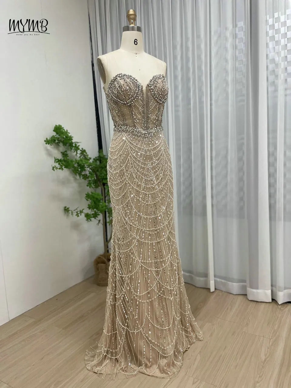 MYMB Sexy Liebsten Meerjungfrau Champagner Luxus Abendkleid vestidos de gala Stilvolle Perlen Arabisch Frauen Hochzeit Party Kleid – Detail 6