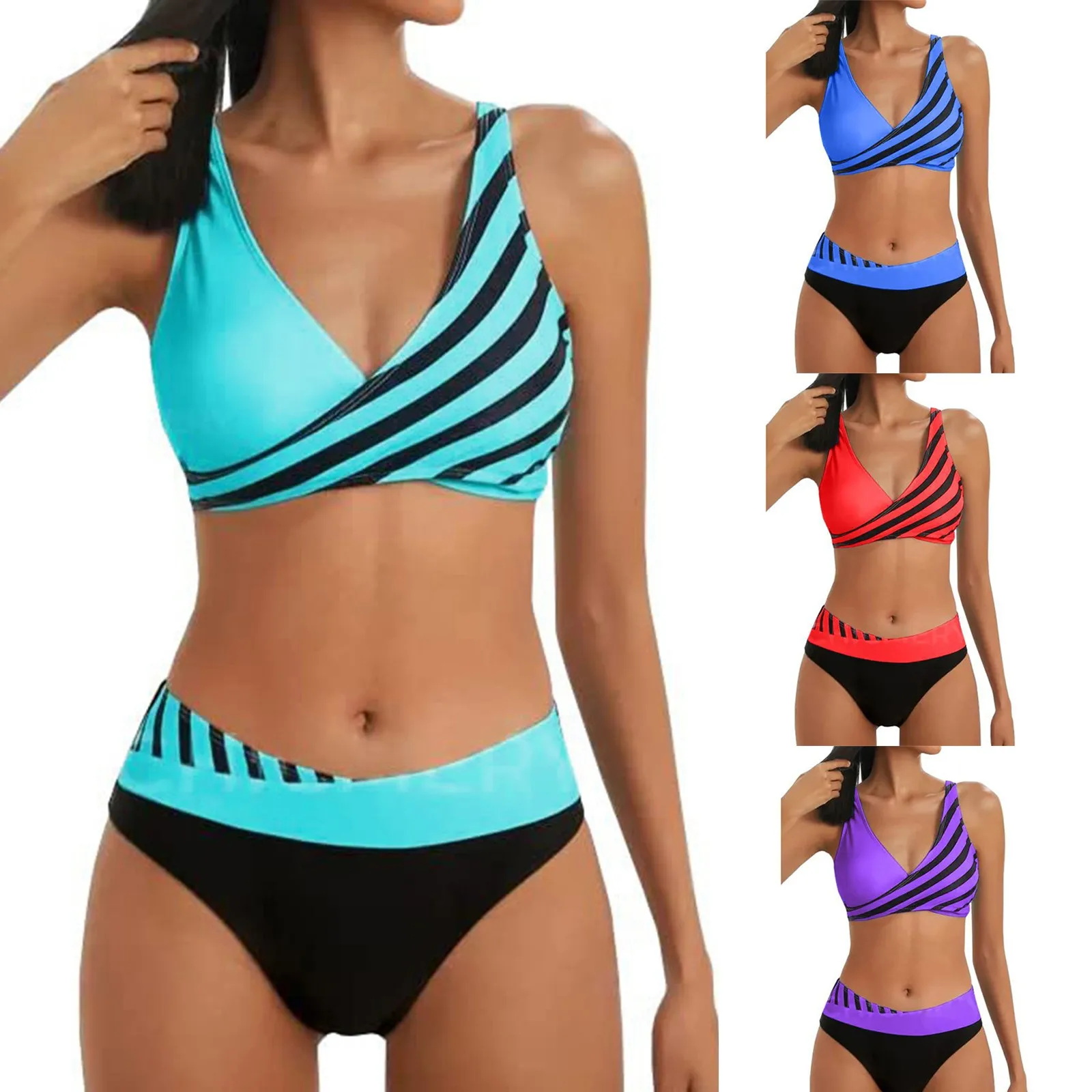 

Women's High Waisted Swimwears Tankinis Sets V Neck Striped Cross Backless Swimsuit Two Pieces Suits Female Sexy Bikini Sets