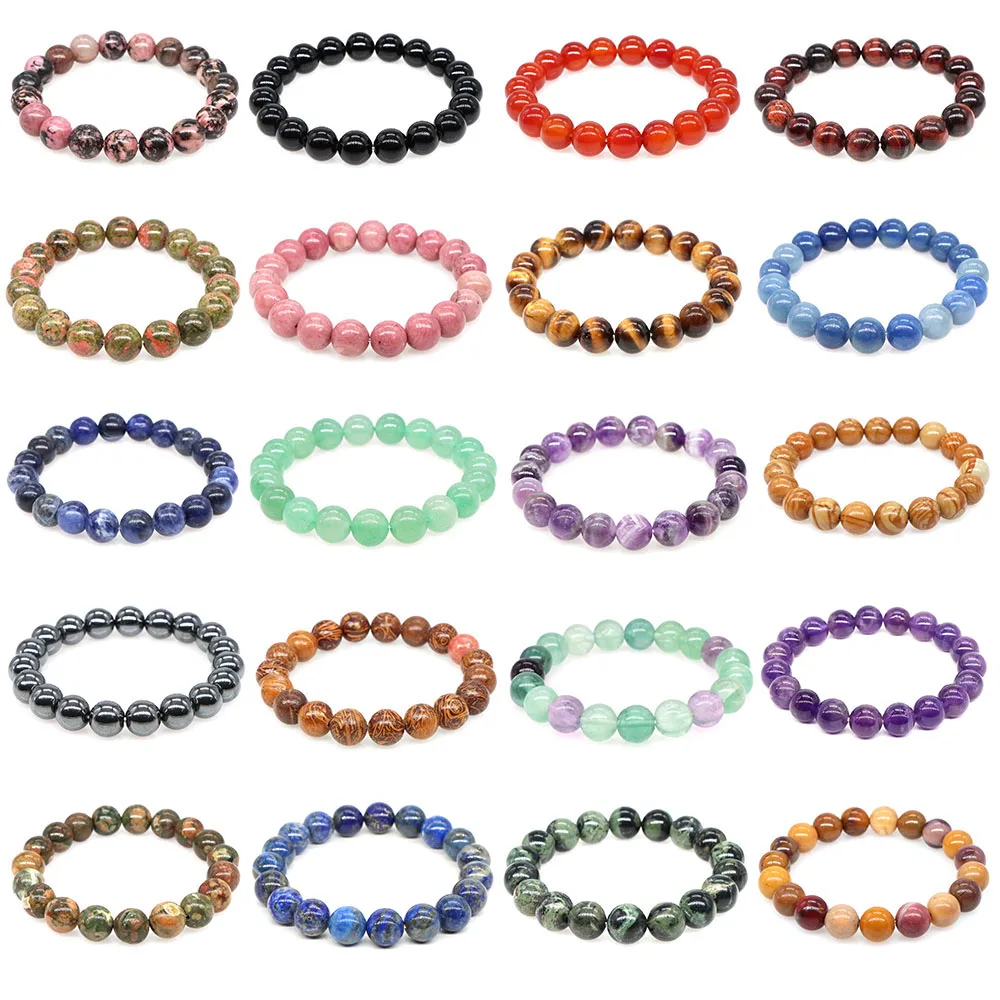 Natural Stone Round Beads Bracelet Amethyst Agate Crystal Rose Quartz Healing Gemstone Jewelry Elastic Bangle For Women Men Gift