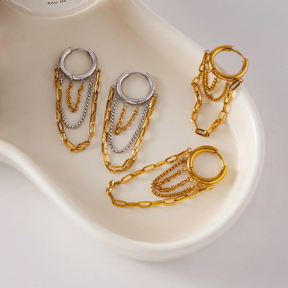 Hiphop Rock Multi Layer Chain Pendant Earrings Two-tone Mix Color Circle Huggies Ear Hoops Everyday Versatile Jewelry Waterproof