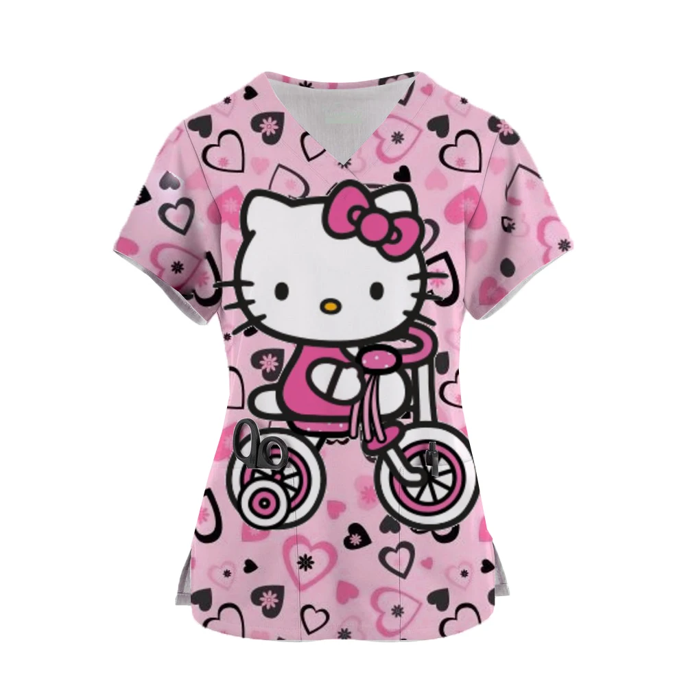 Nurse-Uniform-Women-Short-Sleeve-Hello-Kitty-Working-Pocket-Blouse ...