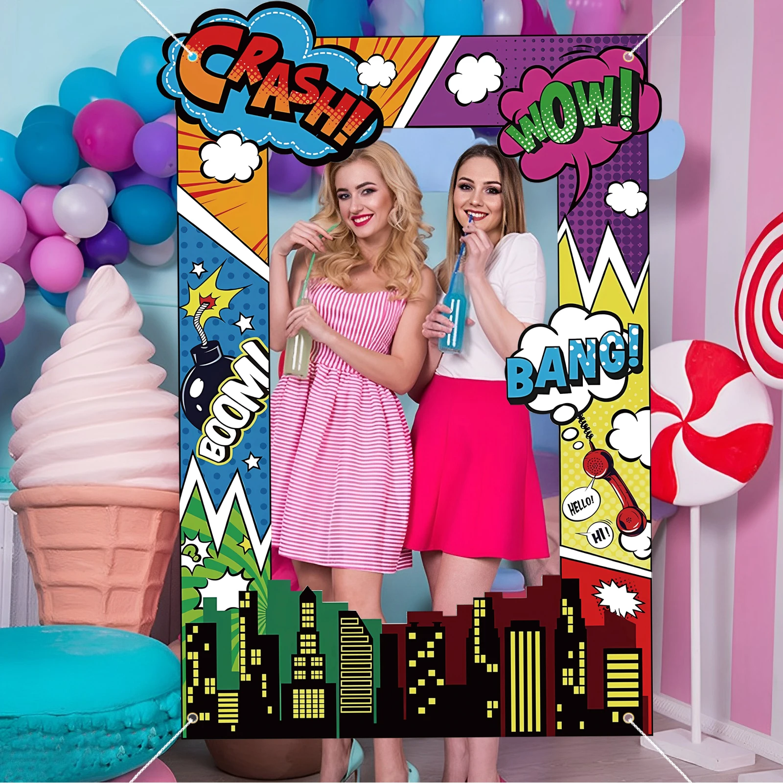 Super Hero Photo Prop Hero Birthday Party Decor Photo Booth Frame Party Banner Backdrop Colorful Background