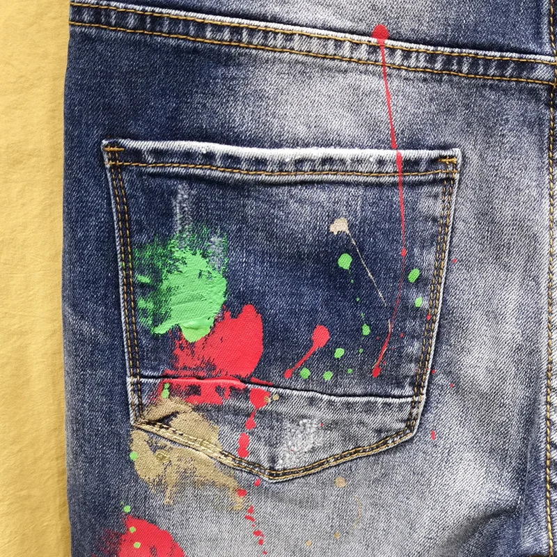 Men Graffiti Jeans Fashion Spray Paint Ripped Hole Personality Hiphop Streetwear Slim Youth Denim Trousers