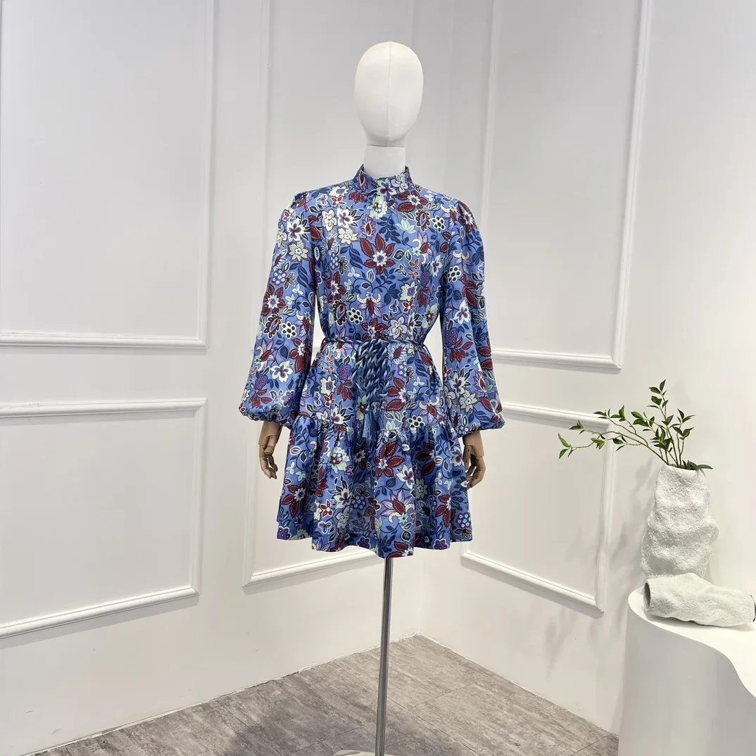 

Top Quality Linen Blue Floral Print Vintage Mini Dress 2023 New Autumn Casual Long Lantern Sleeve Woman Clothing