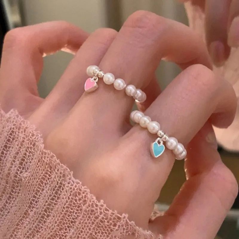 Cute Sweet Elastic Pearl Chain Ring for Women Tiny Simple Love Heart Pendant Rings Jewelry Gifts