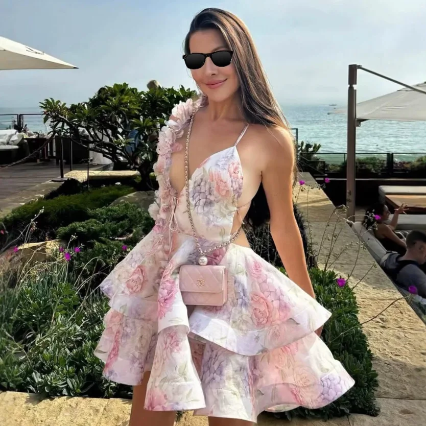 Backless Party Dress Women Elegant 3D Flower Print Sling Lace Up Ruffle A-line Summer Vacation Swimwears Mini Evening Dresses