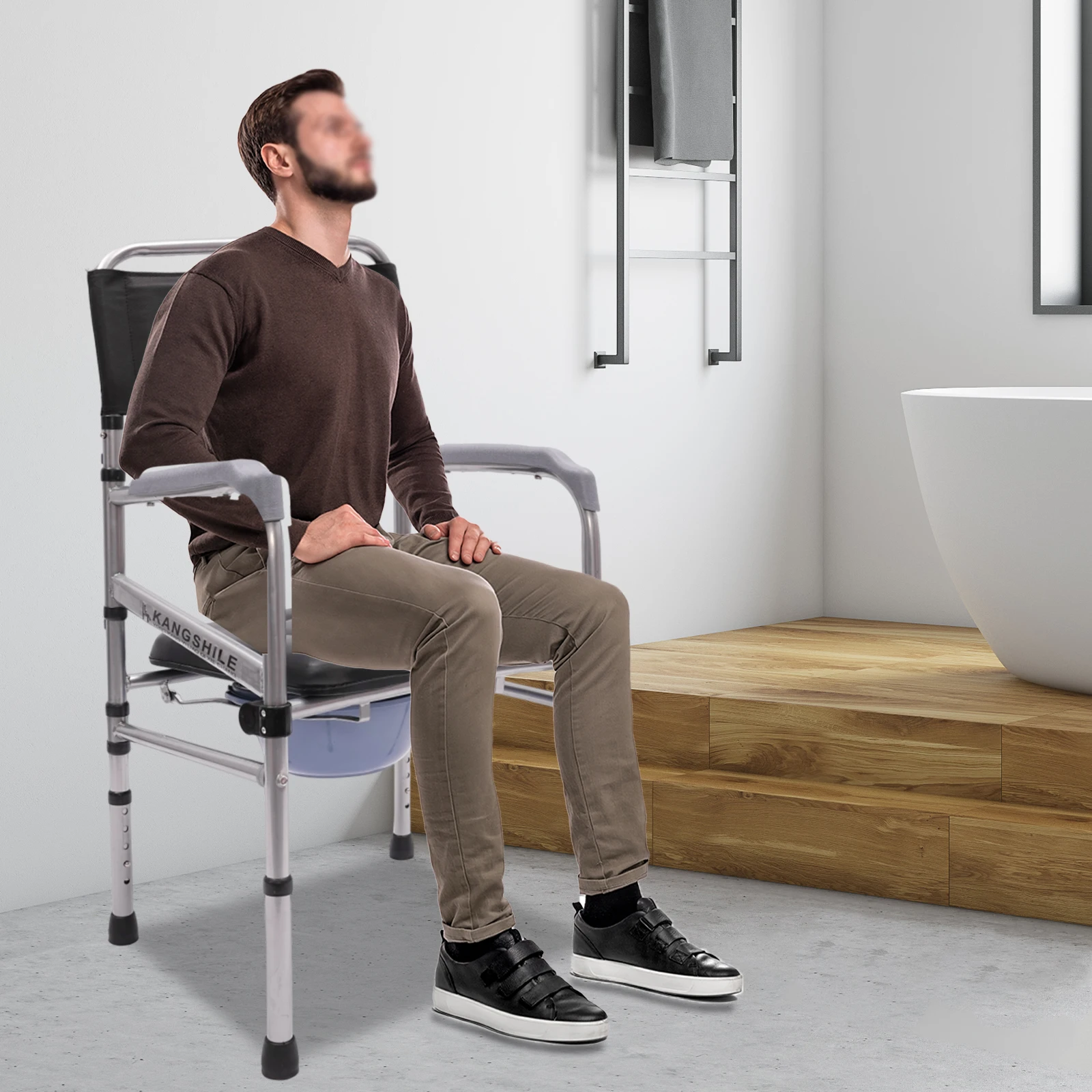Folding Shower Chair Adjustable Height Bath Safety Toilet Seat with Commode for Patient Transfer Disabled Seniors Aid 385.81lbs 2