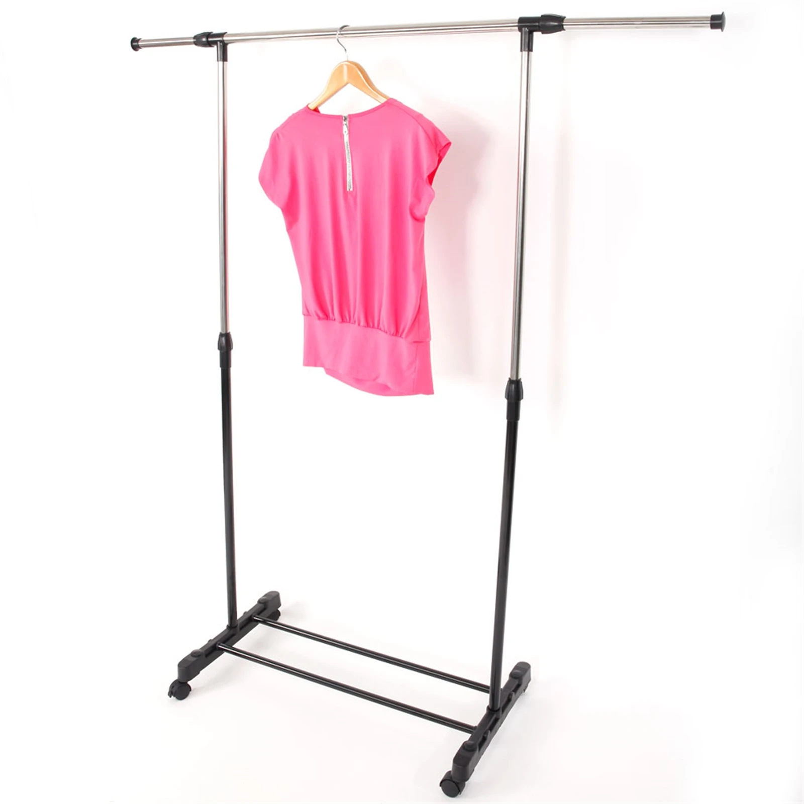 Single-bar Vertical & Horizontal Stretching Stand Clothes Rack with Shoe Shelf YJ-02 Black & Silver 6
