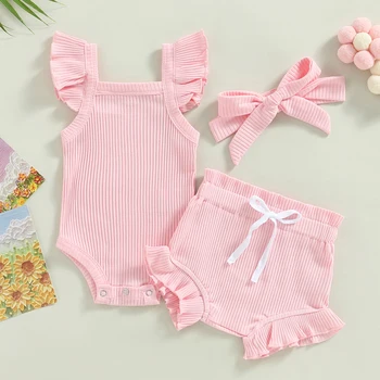 0-18M Toddler Girls 3Pcs Summer Clothes Fly Sleeve Solid Romper Tops Drawstring Short Pants Headband 2