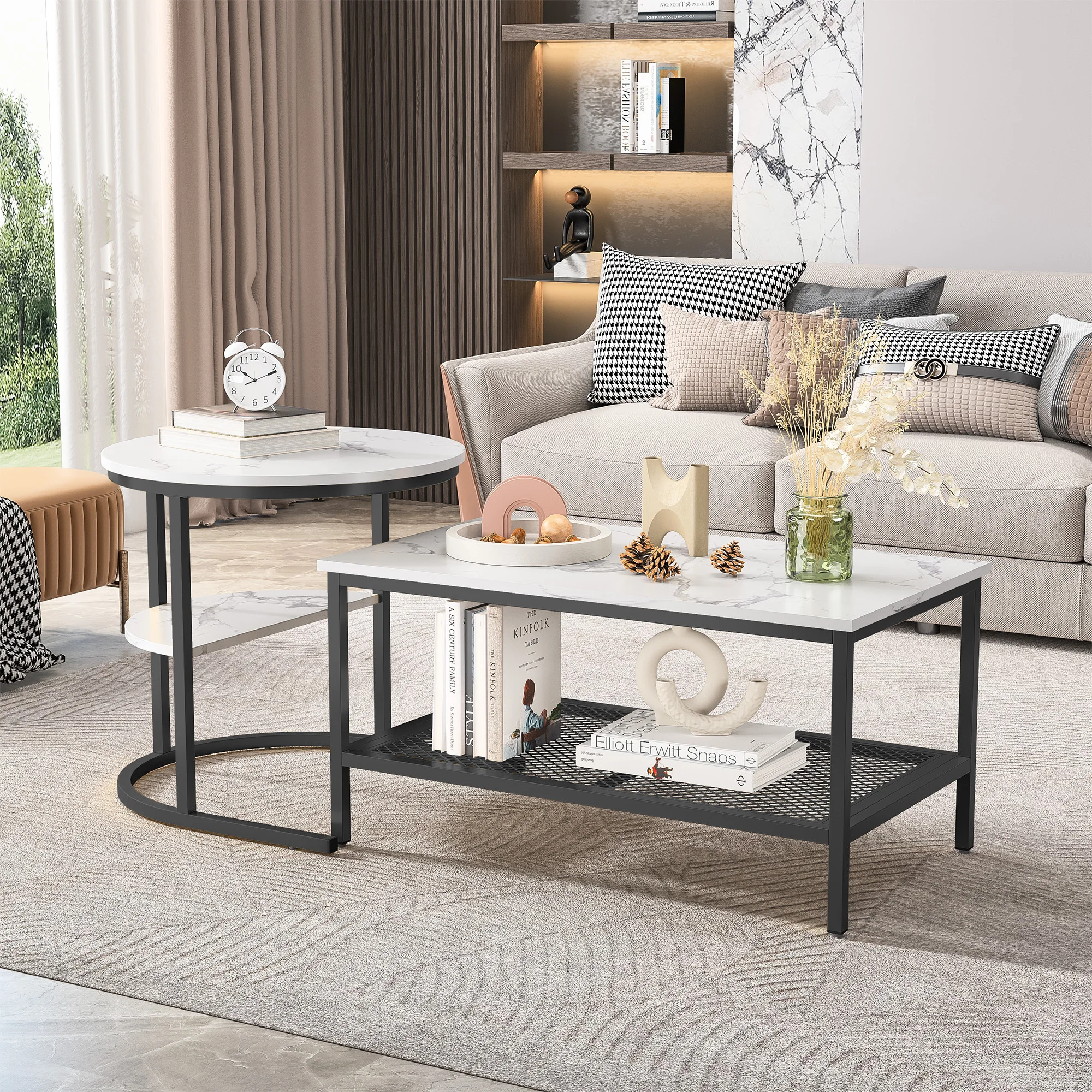 Rosahqnda 2er-Set Couchtische, Wohnzimmer-Beistelltische, Marmor-Look + Metallrahmen, Wohnzimmer-Sofatisch, moderner Couchtisch – Detail 19