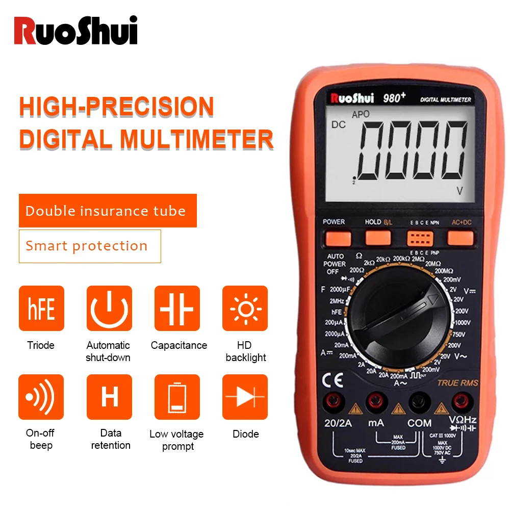 

RuoShui 980+ Multimeter 20000 Counts True RMS Digital Capacitance and Resistance Meter AC/DC Voltmeter Current Backlight Tester