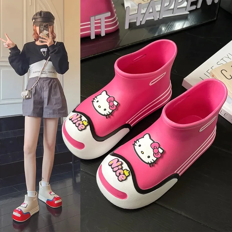 

Милые ботинки Hello Kitty Sanrio, милые Мультяшные ботинки, аниме летние Нескользящие водонепроницаемые короткие ботинки для девушек, Студенческая Повседневная обувь