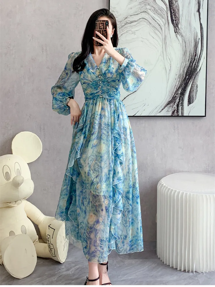 Elegant Floral Print Party Chiffon Ruffles Cake Dress