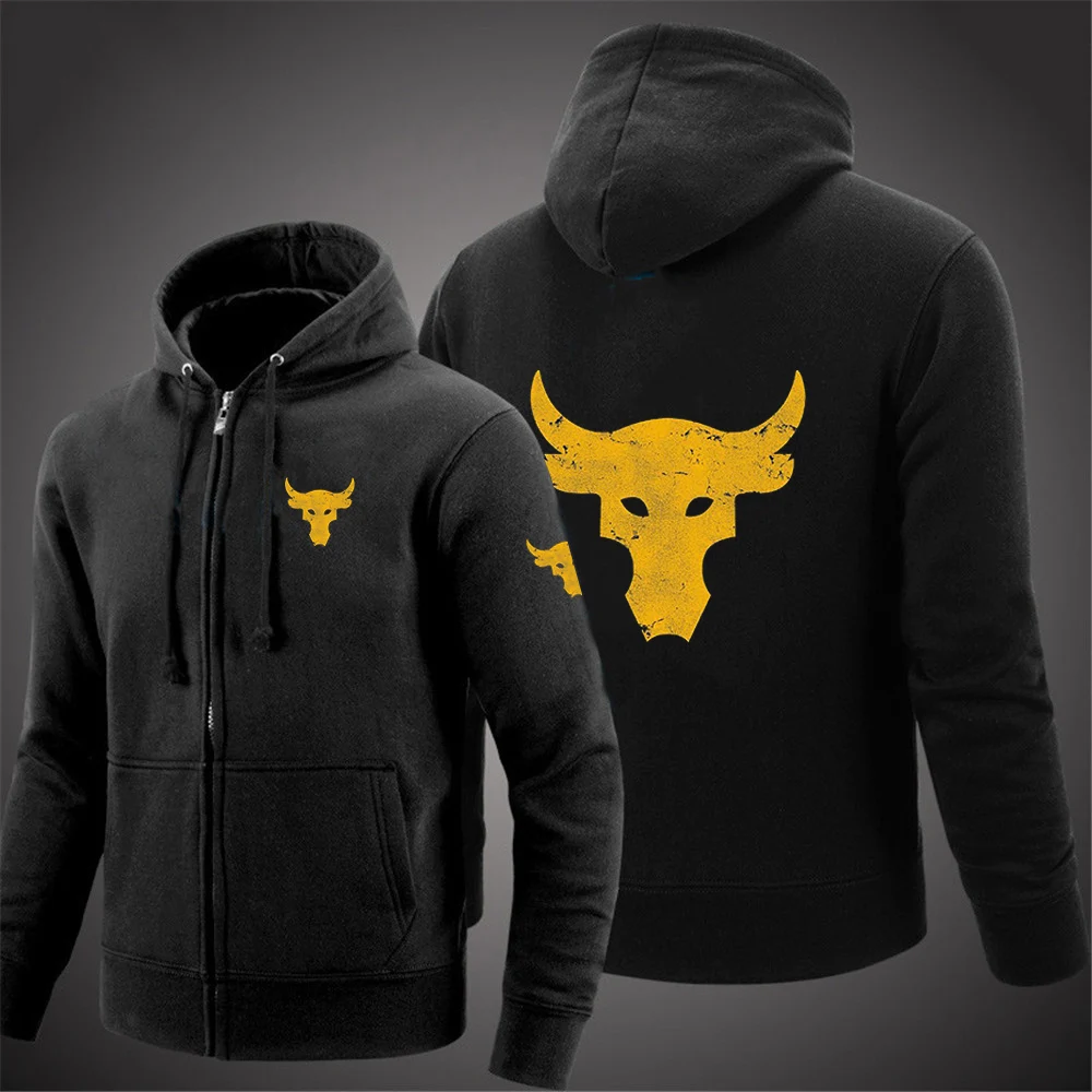 thumbnail image 1 of 2024 Spring Autumn Men's Dwayne Johnson Brahma Bull Tattoo Logo Printed Classic Zipper Solid Color Sports Casual Loose Hoodies, 1 of 4