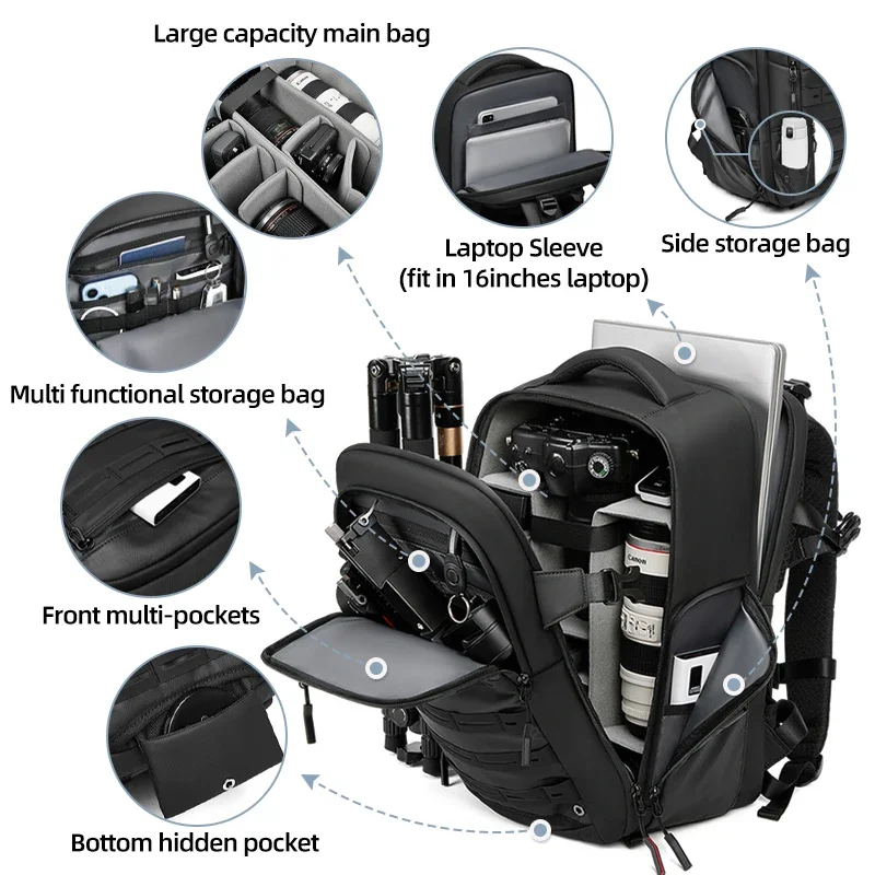 Men's travel professional DSLR camera backpack with tripod, detachable into drone backpack, outdoor 16 inch laptop backpack
