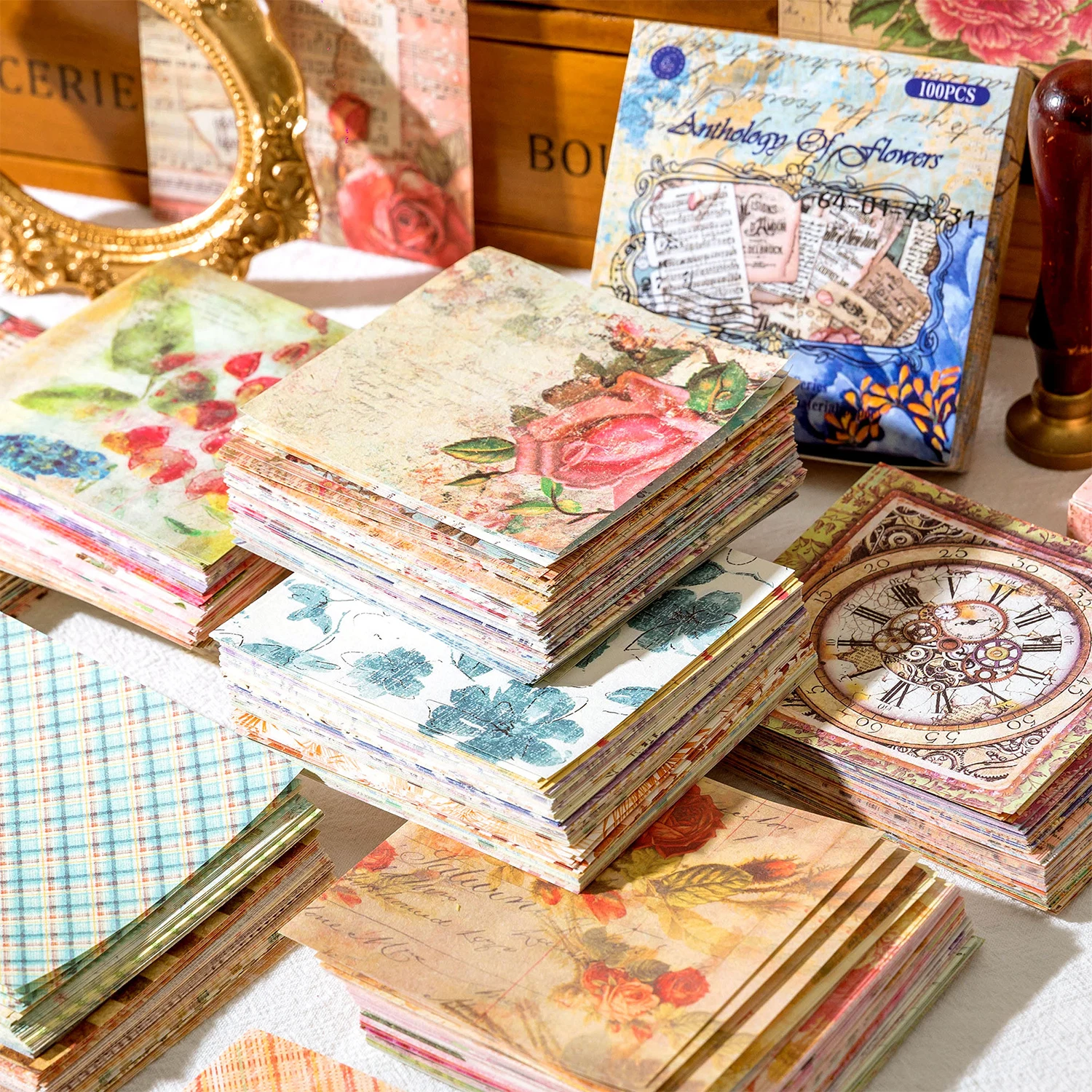 100 pcs Vintage Scrapbooking Background paper Retro Flowers Material paper for Decorative Diary Album junk journal supplies