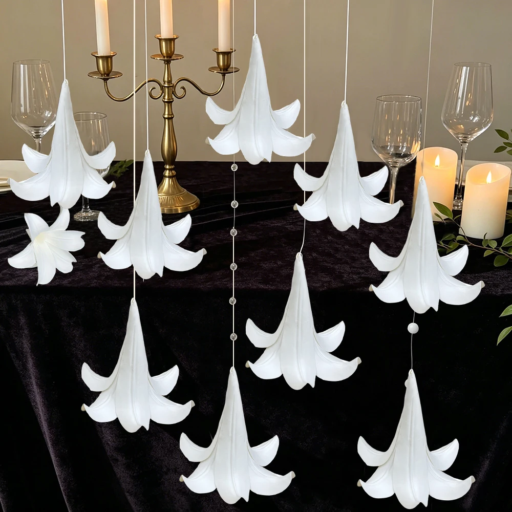 Têtes de fleurs de lys blanches artificielles, 10 pièces, Design réaliste de pétales EVA, décoration de plafond de mariage, bricolage, Accents de décoration pour la maison et le lieu 1