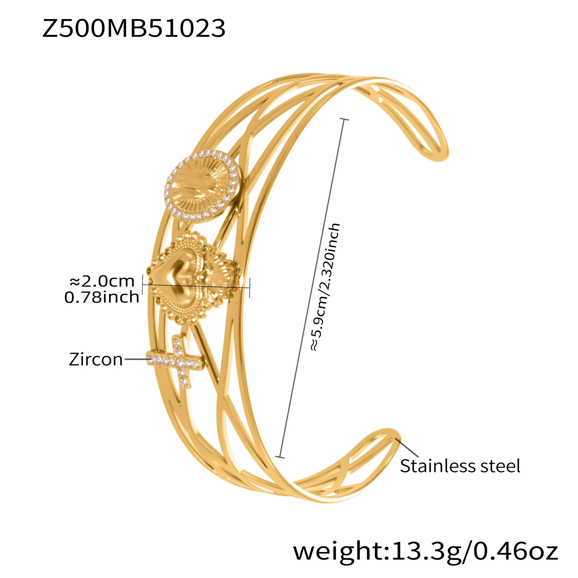 316 Edelstahl vergoldet glänzender Zirkon quadratisches Manschettenarmband Damen doppelschichtiger durchbrochener Stern Herz dicker Armreif Schmuck – Detail 1