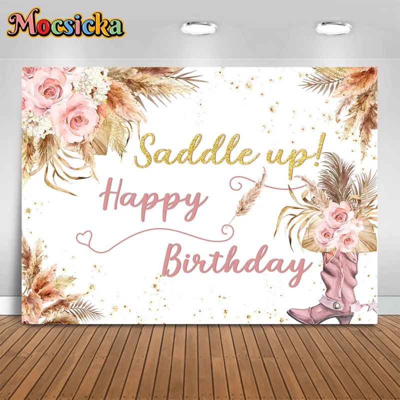 Mocsicka Happy Birthday Photography Fondale Saddle Up Happy Birthday Decor Background Girl Party Cake Smash Banner Studio