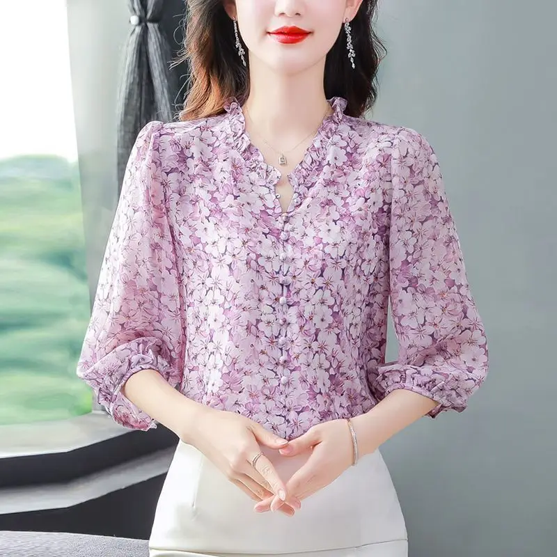 2023 Women's Clothing New 3/4 Sleeve Printing V-neck Buttons Spring Summer Thin Floral Simplicity Elegant Korean Fashion Blouses high end sense suit stylish 2023 designer blazer women s lion buttons double breasted 3d printing blazer jacket outer wear