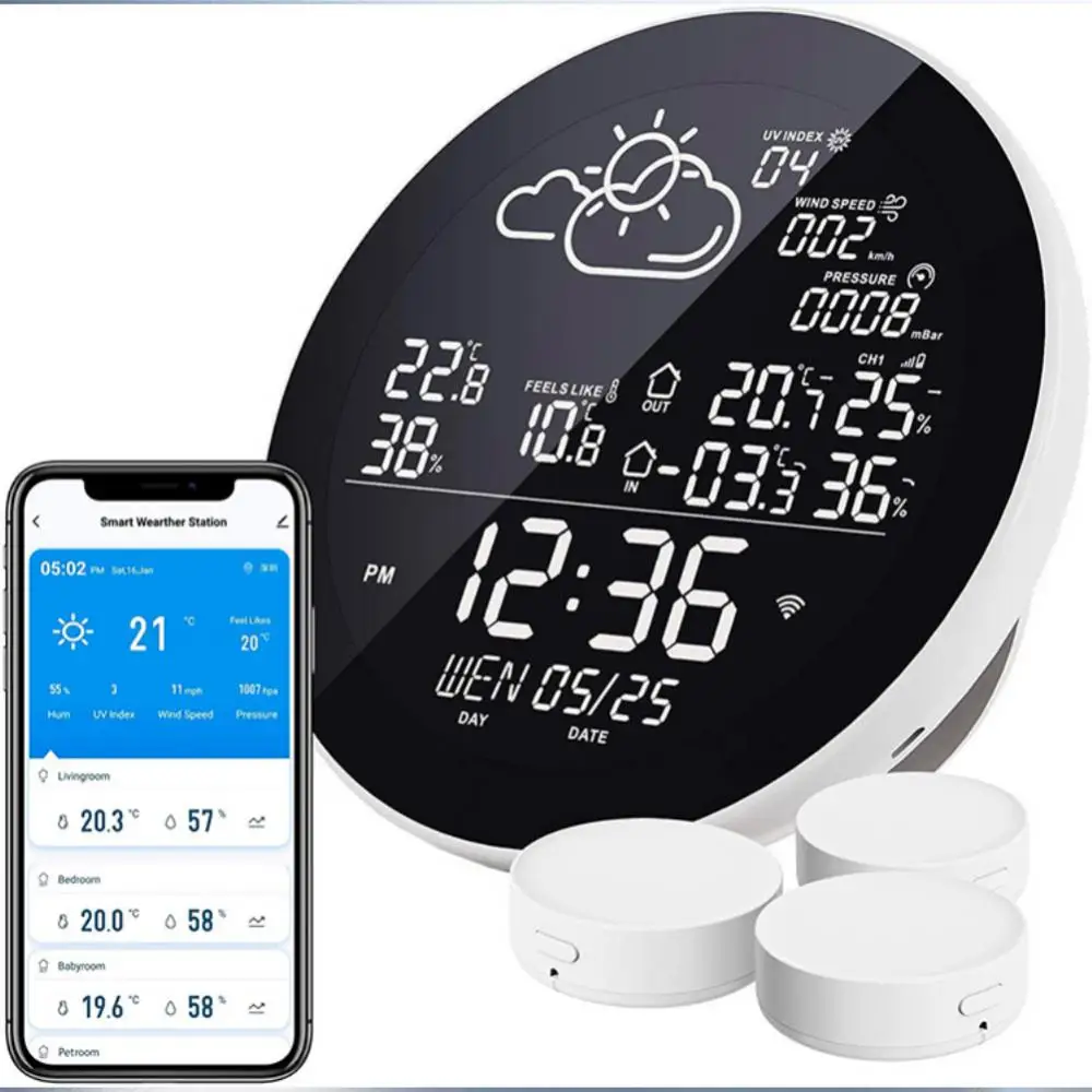 

Tuya Wifi Smart Weather Station with Clock Temperature and Humidity Meter Large Weather Clock Temp Humidity Gauge with 3 Sensor