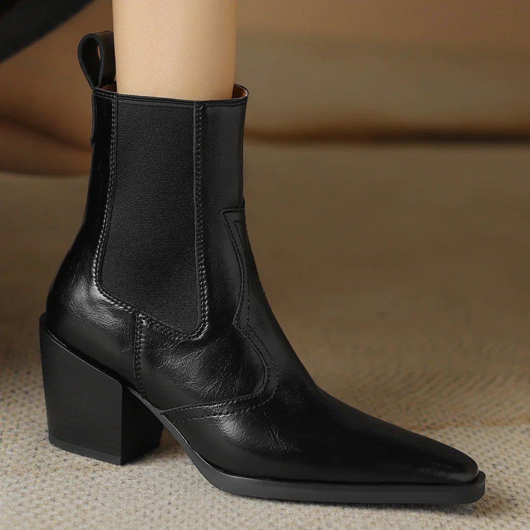 

Plus size 34-42 women's genuine leather elastic slip-on autumn thick high heel Chelsea boots retro female western short booties