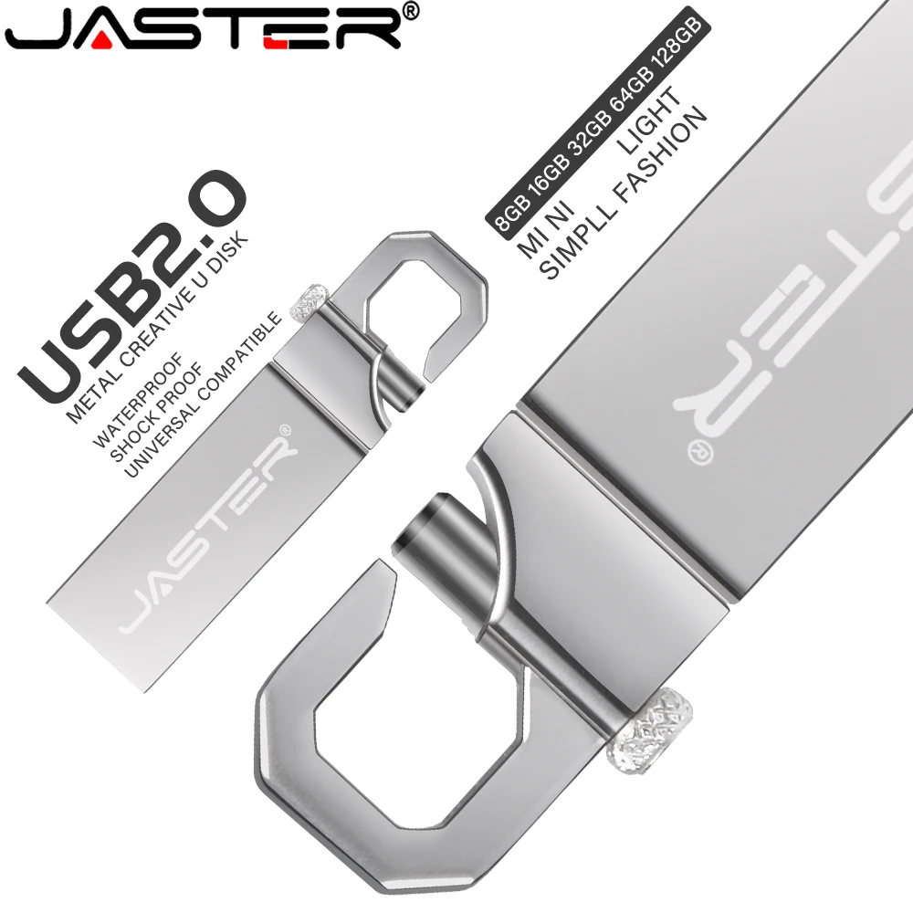 JASTER USB 플래시 드라이브 64 기가 바이트 금속 Carabiner 메모리 스틱 32 기가 바이트 사용자 정의 로고 펜 드라이브 무료 TYPE-C 마이크로 어댑터 비즈니스 선물 용품
