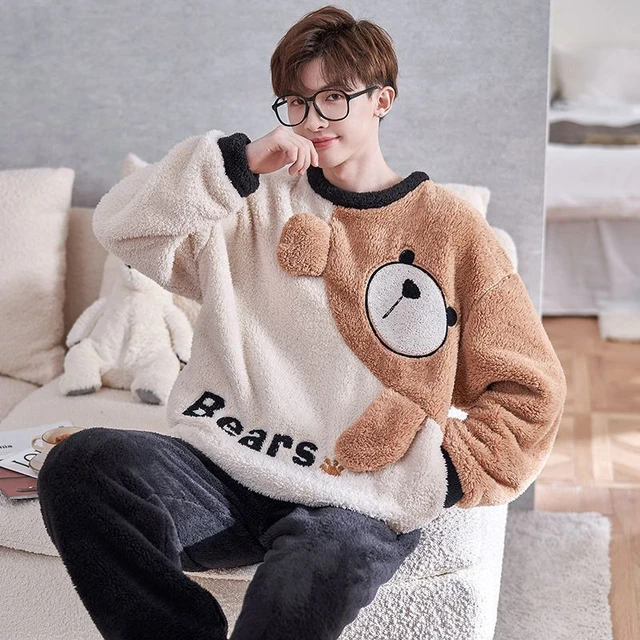 Men's Warm Pajamas Sets Winter Thick Velvet Coral Pajama Man Leisure Sporty  Sleepwear Chubby Thermal Pijamas Sleeping for Boy