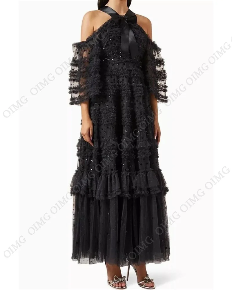 Black Luxury Fluffy Prom Dresses Tulle Ruffles Crystals Shiny Women Short A Line Sequins Elegant Evening Gowns Customized