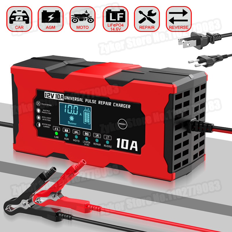  12V 10A Car Battery Charger 14.6V 10A Electric Motorcycles Charger For Lifepo4 Lead Acid AGM GEL PB Smart Lithium Battery Repair