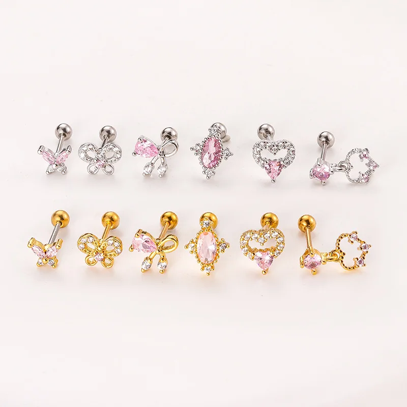 

1Piece Stainless Steel Piercing Heart Stud Earrings for Women Earrings 2023 Jewelry Girls Sweet Pink Zircon Earring for Teens