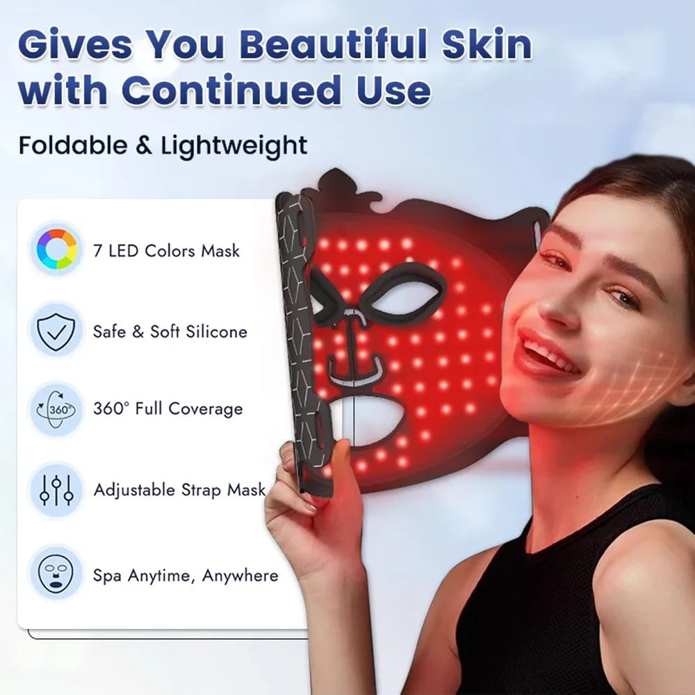 2025 NEW Led Facial Mask Light Therapy 7 Colors Silicone Mask Full Face 87 Lamp Beads Wirelessly Red Light Therapy Photon Mask