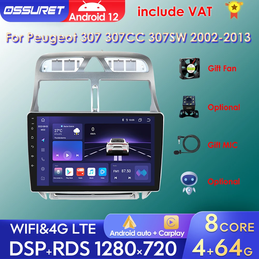 Hodozzy Autoradio 4 GB 64 GB voor Peugeot 307 307CC 307SW 2002-2013 Android 8 Core 9 inch IPS scherm navigatie met Carplay Android Auto Mirror Link dubbele DIN autoradio Bluetooth DSP WiFi FM