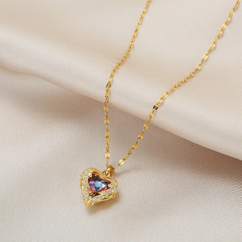 Colorful Crystal Ocean Heart Pendant Necklace Trendy Stainless Steel Jewelry...