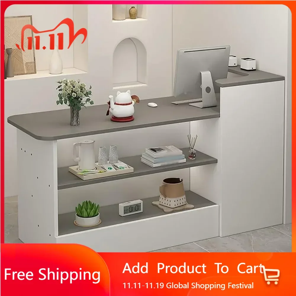 Reception Counter Desk, Modern Retail Counter, Front Desk Reception Room Table, Retail Counter with Display Shelf & Drawers