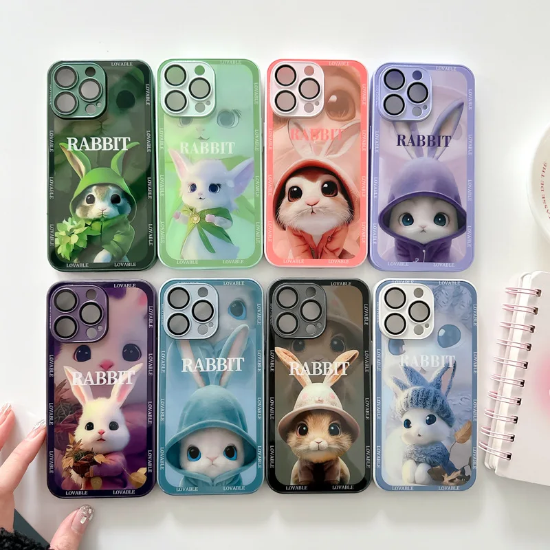

Cute Rabbit Glass Phone Case, Suitable for Phone14, 13, 12, 11 Pro Max Pro, Metal Paint, All-Inclusive Lens Film Protection Case