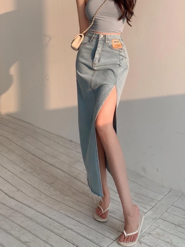 

2024 Spring New Vintage Blue Denim Skirt Women Mid-length A-line Skirts Retro Y2k Grunge High Waist Bodycon Split Faldas Mujer