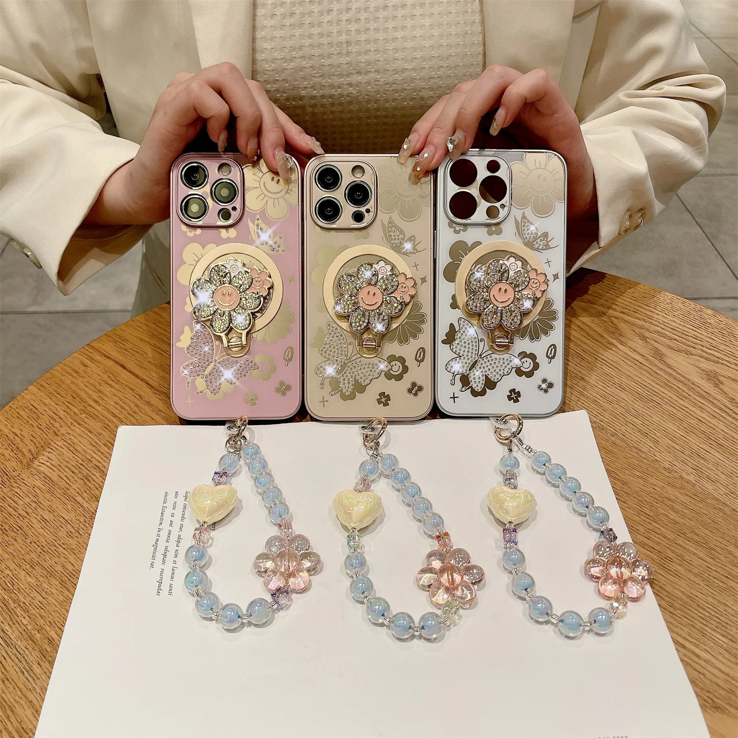 TYBOMB Luxury Floral Keychain Magnetic Ring Holder Case for iPhone 15 Pro Max 13 14 Pro 15 Plus Wireless Charging Phone Cover