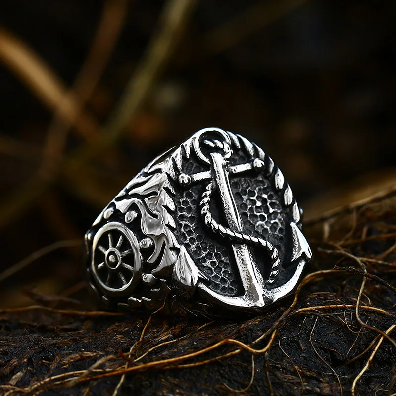 Stainless Steel Ring Finger Ring 316L Stainless Steel Viking Cross Compass Runic Pirate Men's Ring Nautical Fashion Jewelry BR8-108R
