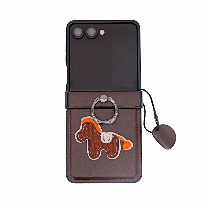 Premium PU Leather Embroidered Horse Folding Phone Case with Finger Ring Holder