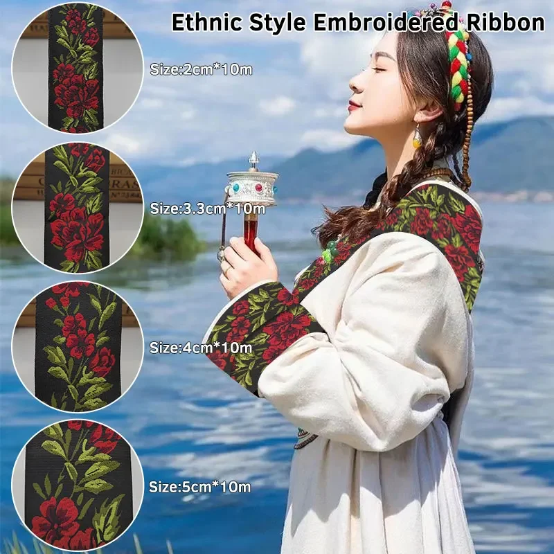 10m Peony Flowers Jacquard Trim Retro Ethnic Style Old Fashioned Embroidered Jacquard Ribbon Trim for DIY Craft Embellishment