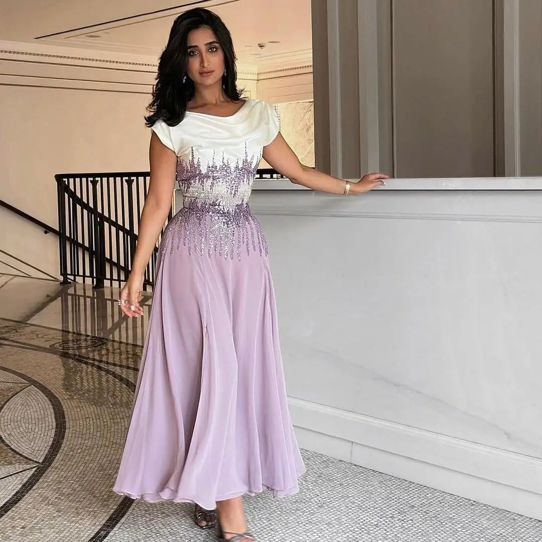 Saudi Arabia Elegant Evening Dress A Line Square Neckline Purple Beadings Lace up Prom Dress For Women Party Wedding Custom Made