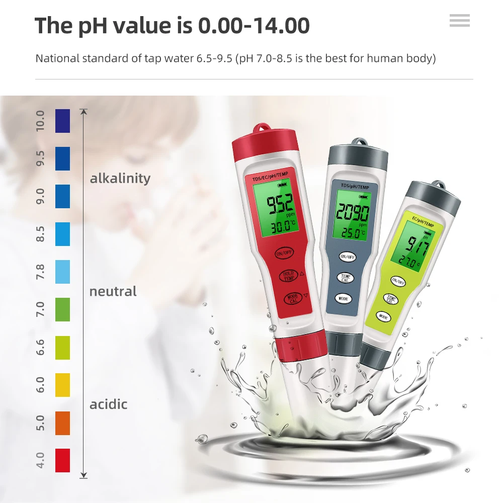 Testeur numérique de qualité de l'eau avec rétroéclairage, PH-mètre, étanche, PH, TDS, EC, température, moniteur, piscines, eau potable, aquariums