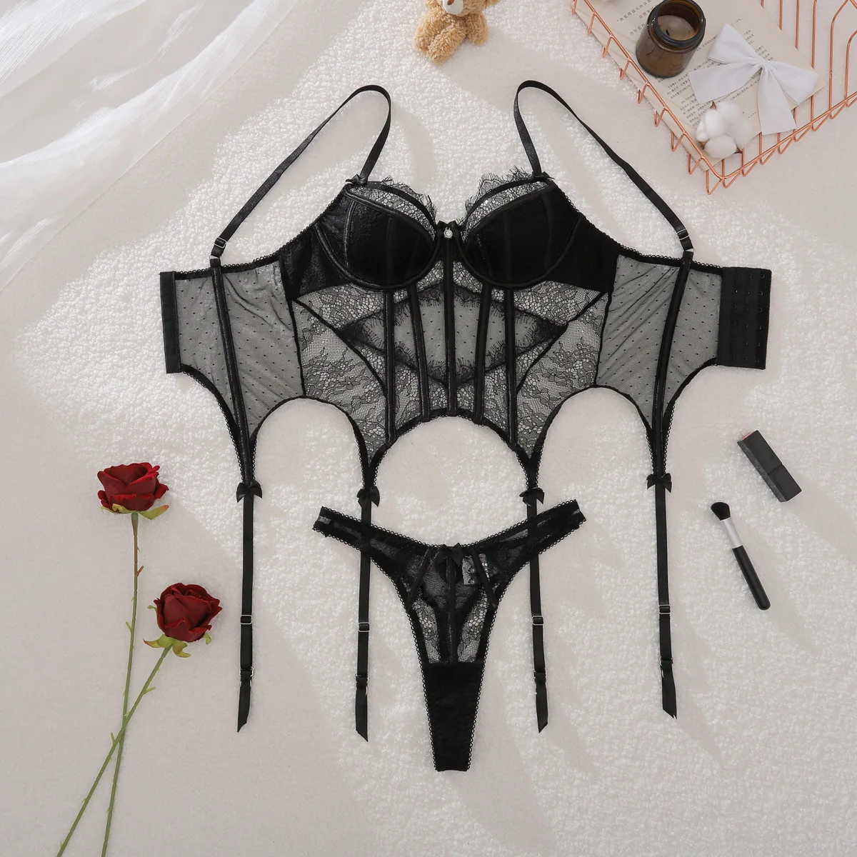 Lingeries Sexy Hot Exquisite Sheer Eyelash Lace Lingerie Sets for Women Tight Waist Corset Tops and Thong Garter Erotic Costumes